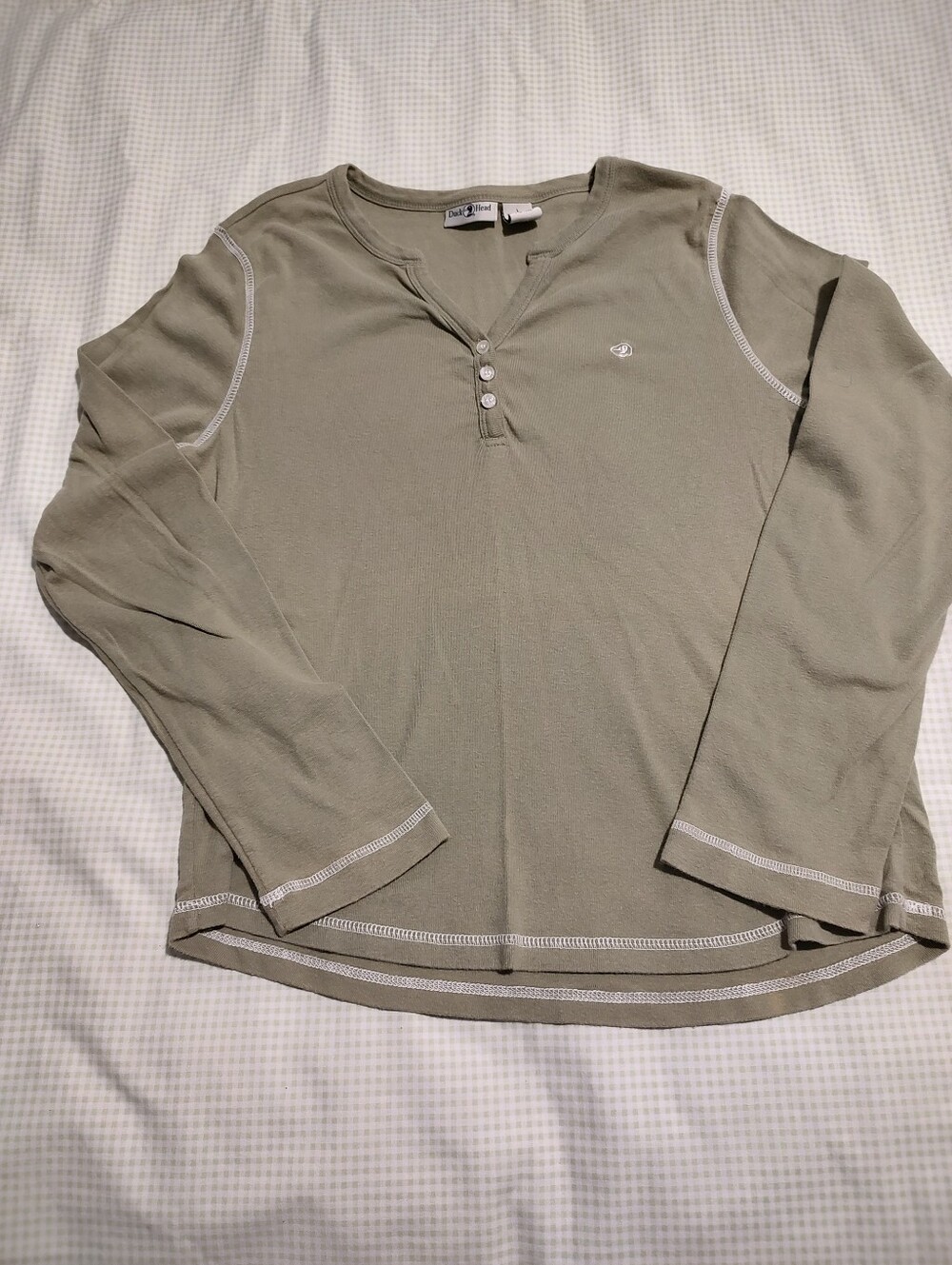 Duck Head Olive Long-Sleeve Henley with Contrast Stitching